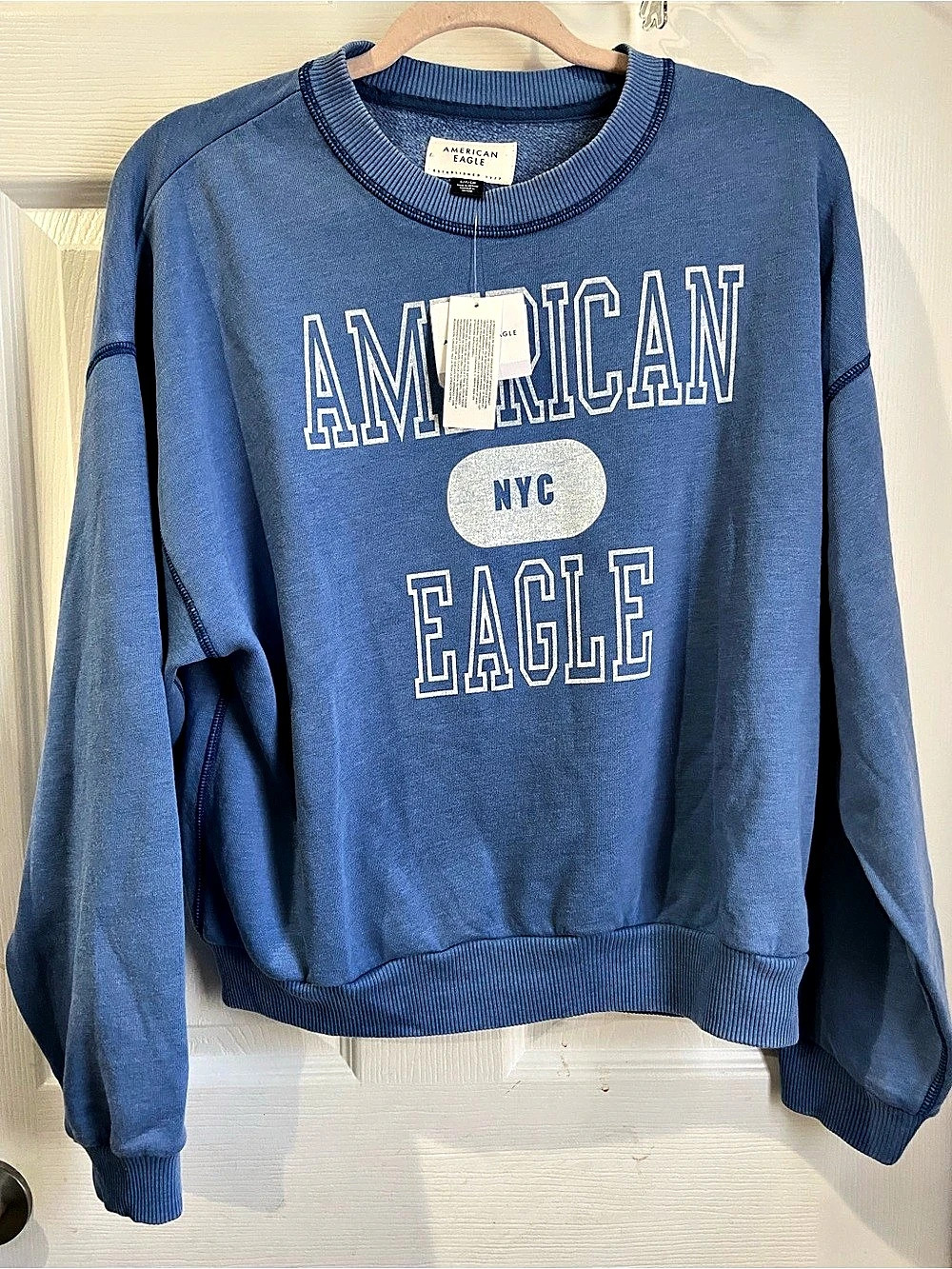 American Eagle NYC Graphic Crewneck Sweatshirt Blue & White